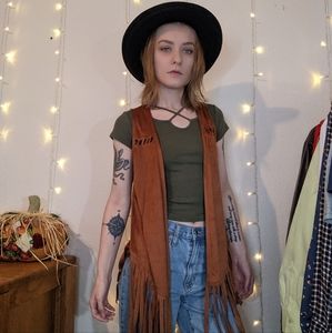 NOBO Camel Faux Suede Fringe Open-Front Sleeveless Vest